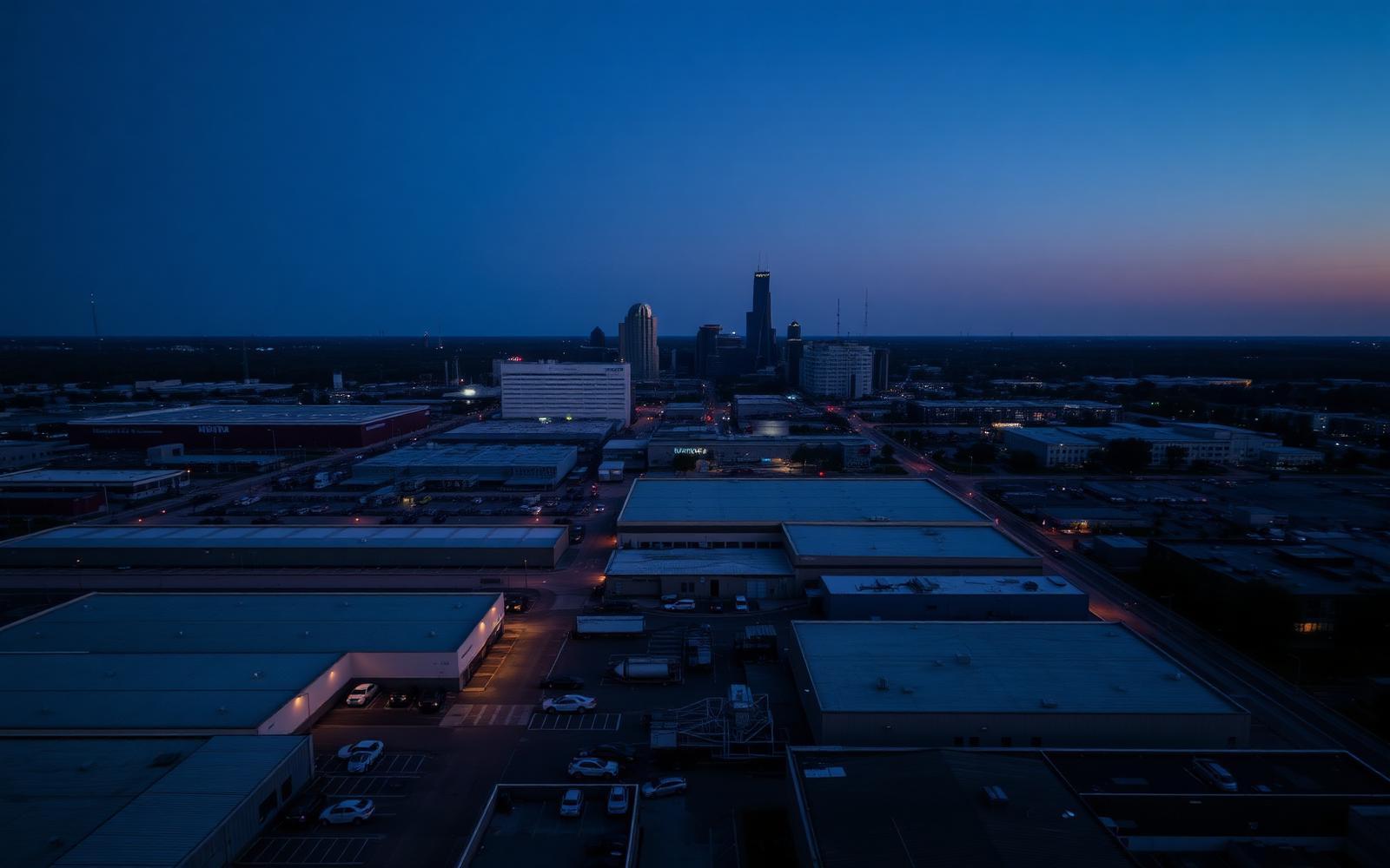 Aerial view of Houston-area commercial and industrial rooftops at dusk
