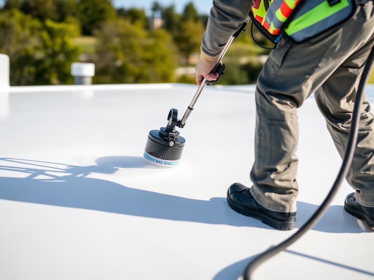 Applicator installing a white elastomeric roof coating across a prepared commercial roof surface