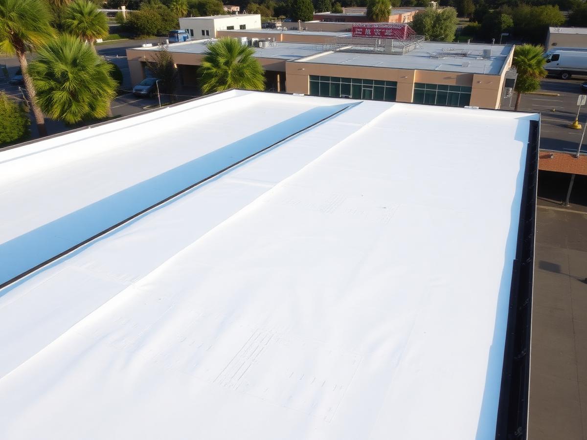 White TPO single-ply membrane roof with heat-welded seams on a commercial building